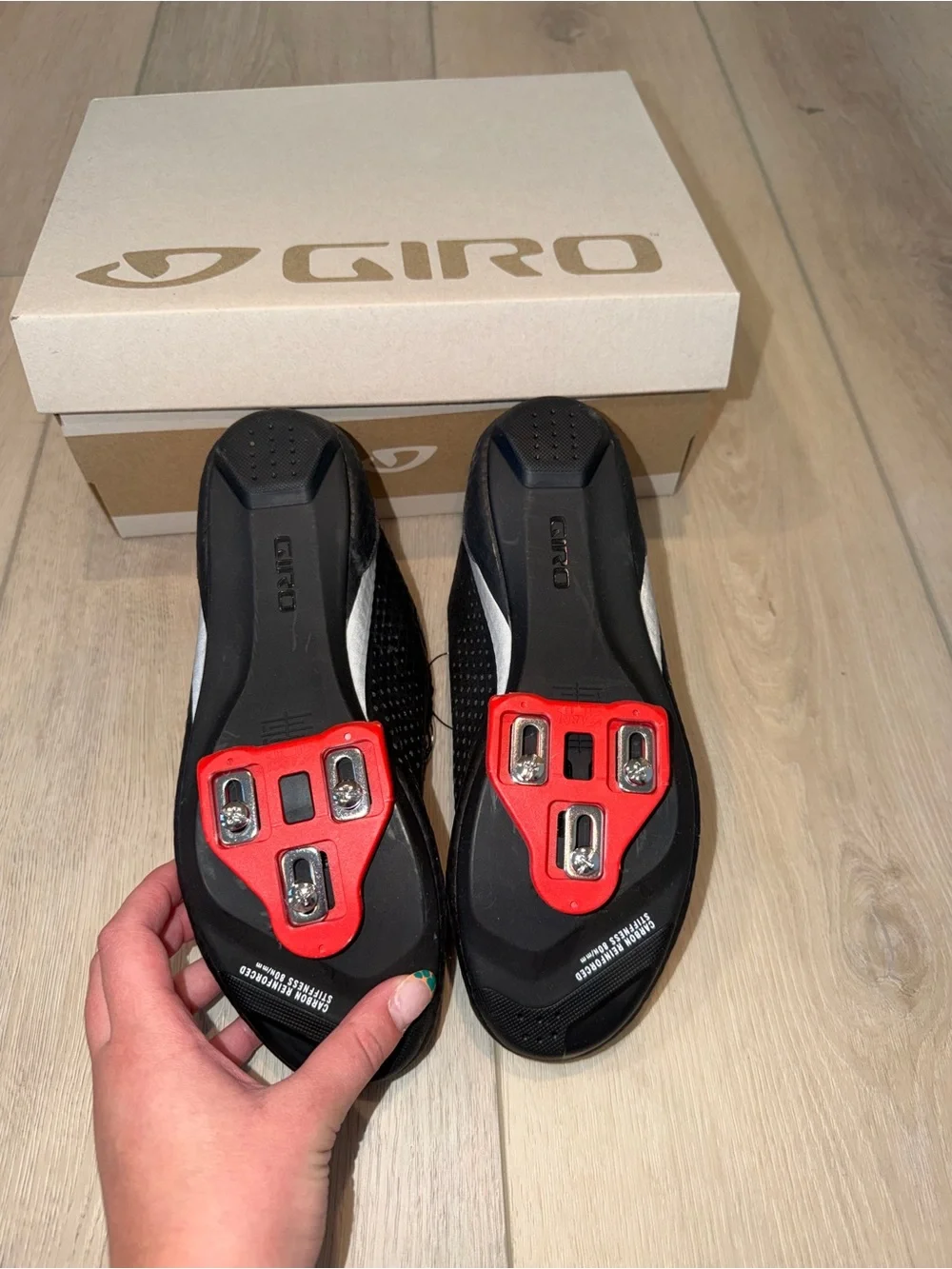 Giro Black Cycling Shoes with White Stripe and Red Cleat Inserts